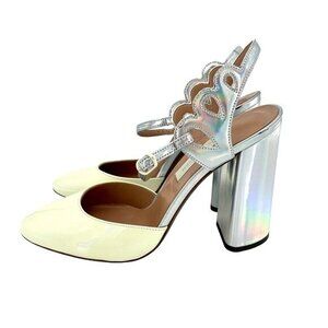 L'Autre Chose Patent Leather Ankle Strap Heels Yellow Silver Metallic SZ 38 NIB
